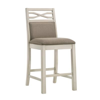 Benzara Marie 26 Inch Counter Height Chair- Khaki Fabric Seat- Back- Beige- Set of 2
