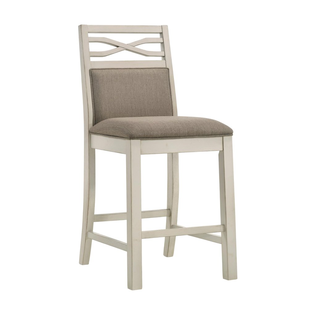 Benzara Marie 26 Inch Counter Height Chair- Khaki Fabric Seat- Back- Beige- Set of 2