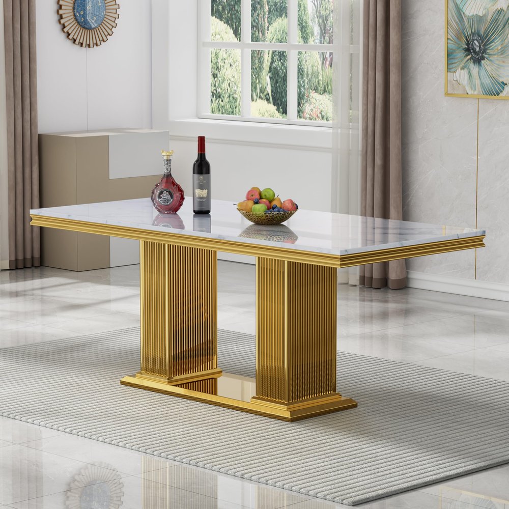 68.11 Inch Faux Marble Dining Table, Large Size Faux Marble Kitchen Dining Table, Modern Rectangular Dinner Table with Stainless Steel Legs (White)