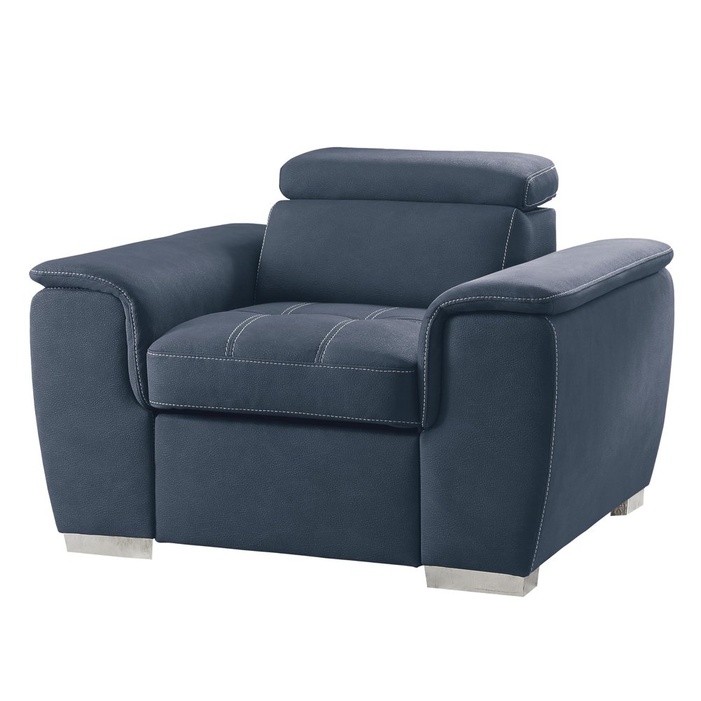 Benzara Rida 45 Inch Chair- Pull Out Ottoman- Adjustable Headrest- Solid Wood- Blue