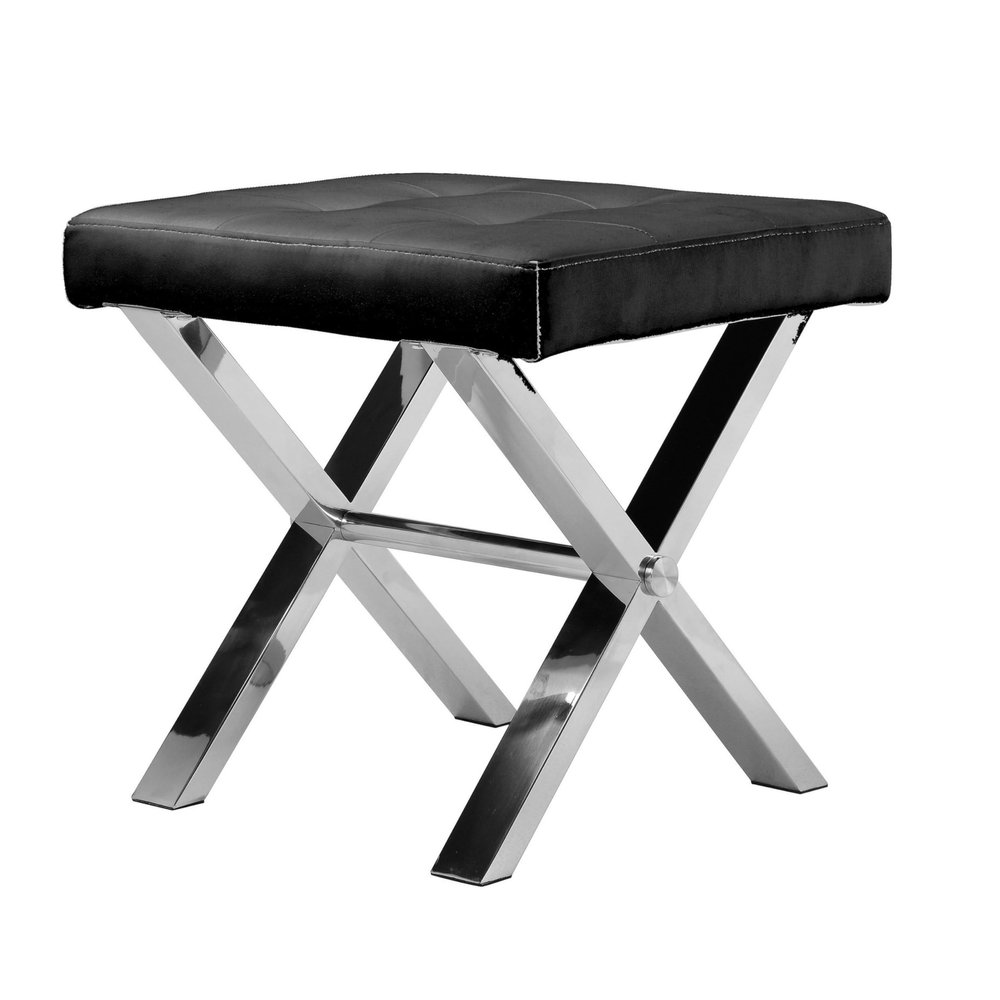 Benjara Tia 20 Inch Accent Stool Ottoman, Faux Leather, Polished Legs, Black and Chrome