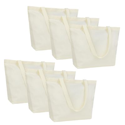 Muka 6 Pack Natural Canvas Tote Bags, 12oz Heavy Duty Grocery Shopping Bags, 18 x 15 x 5 Inches