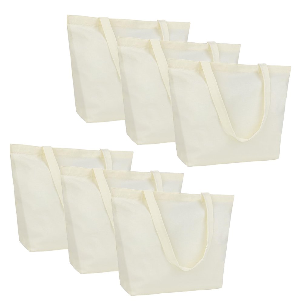 Muka 6 Pack Natural Canvas Tote Bags, 12oz Heavy Duty Grocery Shopping Bags, 18 x 15 x 5 Inches