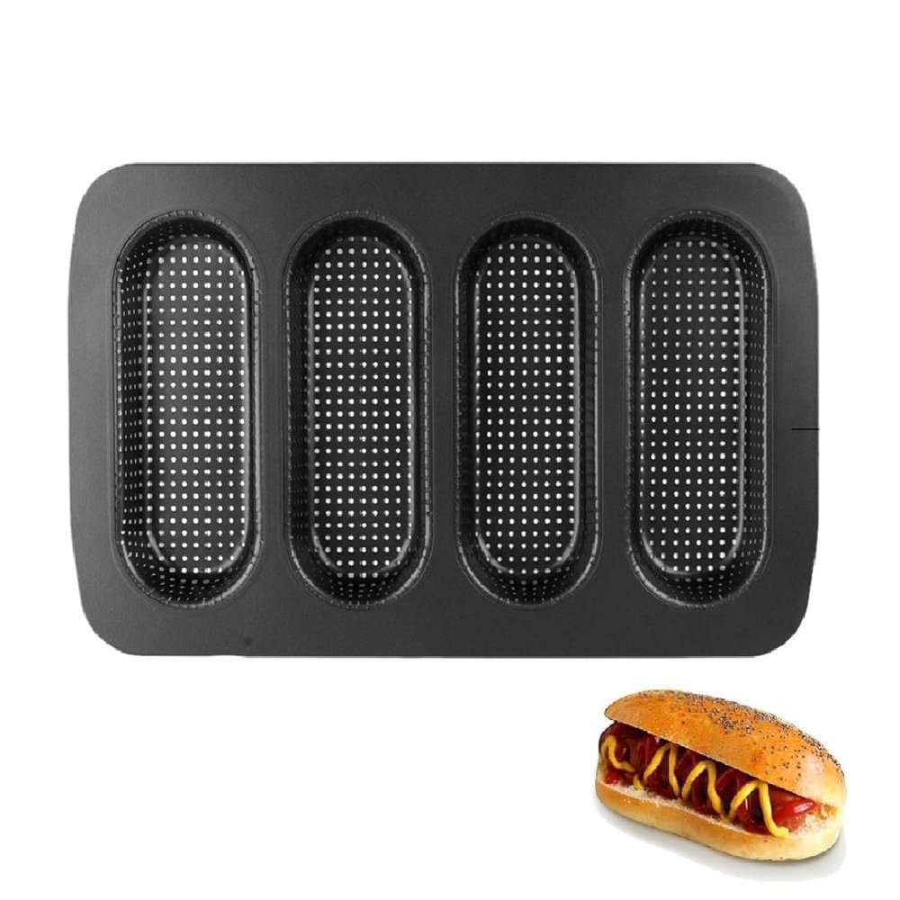 EUBUY Hot Dog Bun Pan Carbon Non-stick Hot Dog Shaped Bun Mould Crispy Bread Baking Tray with Holes for Mini Baguette Sandwich Cake