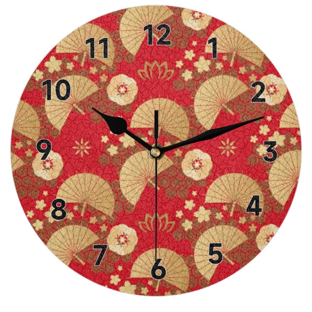 bisibuy Fans Red Gold Wall Clock Decorative Round 9.84 Inch Asia Style Wall Clocks Battery Operated for Kitchen Living Room Bedroom Bathroom Office Home Decor