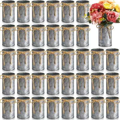 Domensi 4.33 Inch Petite Farmhouse Vase Decor Vintage Flower Vase with Twine Bow Rustic Galvanized Metal Buckets for Artificial Flowers for Table Centerpiece Weddings(Iron Color,36 Pcs)