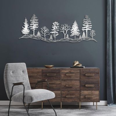 Metal Forest Wall Art, Forest Wall Decor, Mountain and Forest Metal Wall Decor, Metal Tree Decor, Nature Metal Wall Decor, Forest Mountain Wall Art, Nature and Forest Home Decor (Silver, 59"x21" | 150x54cm)