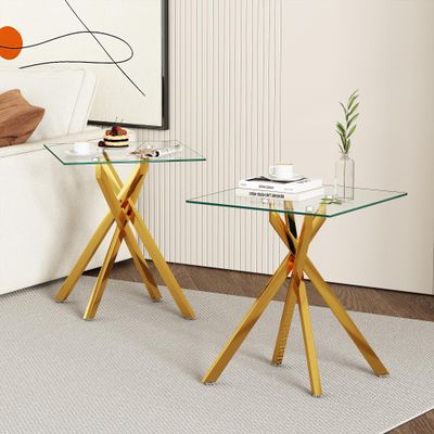 Goujxcy Small Coffee Table Set of 2, Gold Coffee End Table with Tempered Glass Top & Chromed Metal Legs, Modern Square Sofa Side Table for Living Room, Bedroom and Balcony