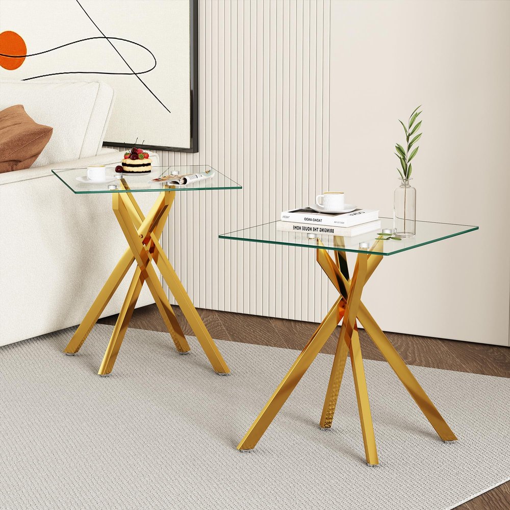Goujxcy Small Coffee Table Set of 2, Gold Coffee End Table with Tempered Glass Top & Chromed Metal Legs, Modern Square Sofa Side Table for Living Room, Bedroom and Balcony