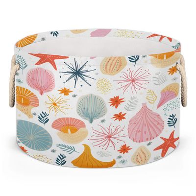 Gumuslen Colorful Shells Ocean Storage Basket Collapsible Storage Bins with Handle Organizer Clothes Laundry Hamper Kids Blanket Baby Nursery Gift Basket for Bathroom Bedroom Decor