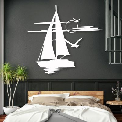 Sailboat Metal Wall Art, Sailboat Wall Decor, Nautical Wall Decor, Seagull Wall Decor, Metal Boat Wall Art, Bird Wall Decor, Nautical Bathroom Decor Wall Art, Ocean Metal Wall Art (White, 24"x22" | 60x55cm)