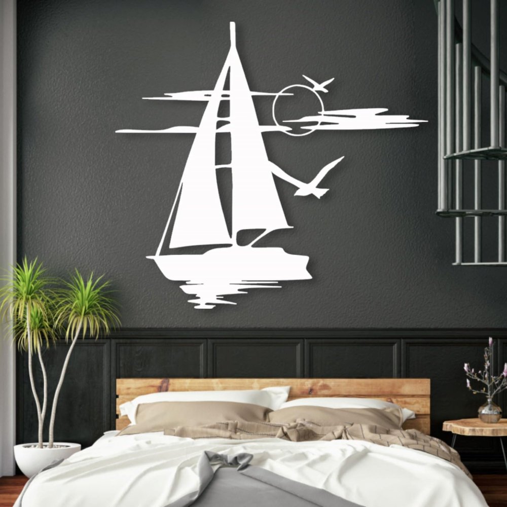 Sailboat Metal Wall Art, Sailboat Wall Decor, Nautical Wall Decor, Seagull Wall Decor, Metal Boat Wall Art, Bird Wall Decor, Nautical Bathroom Decor Wall Art, Ocean Metal Wall Art (White, 24"x22" | 60x55cm)