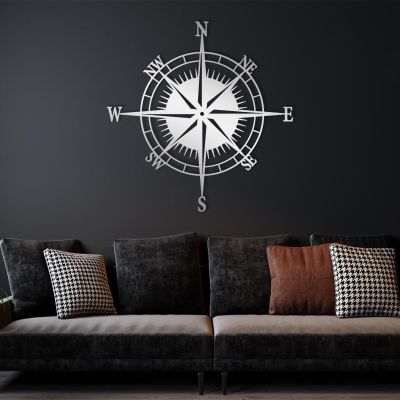 Idadey Metal Compass Wall Decor, Nautical Rose Art, Ocean Theme Wall Hanging for Living Room (Silver, 19"x19")