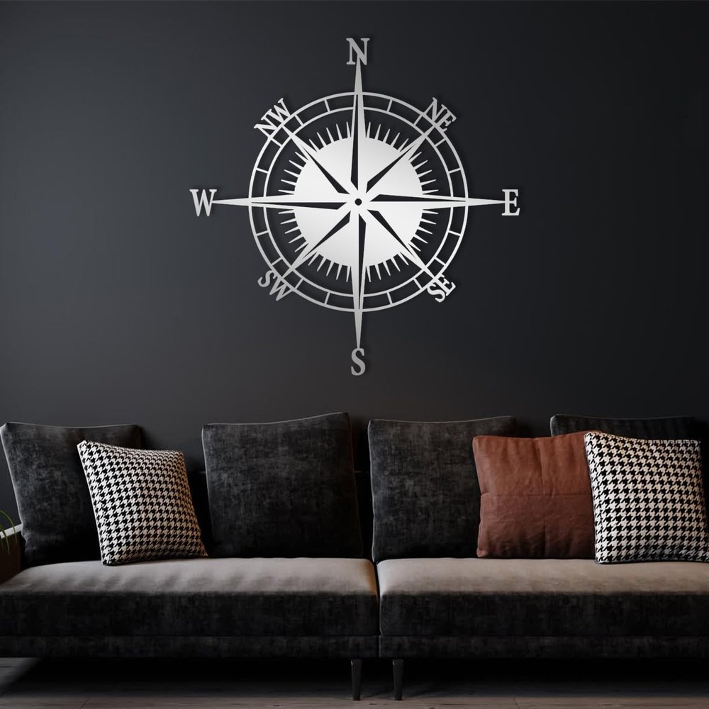 Idadey Metal Compass Wall Decor, Nautical Rose Art, Ocean Theme Wall Hanging for Living Room (Silver, 19"x19")