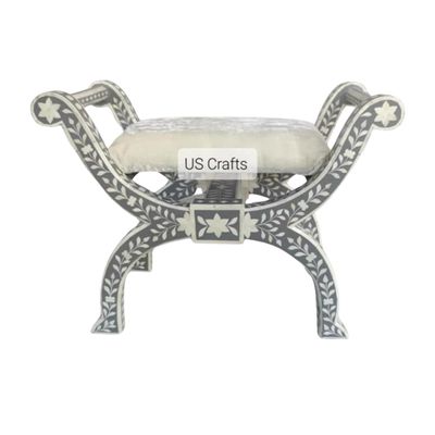Bone Inlay floral Ottoman chair Grey, Bone inlay Roman Stool Grey, Bone inlay roman Chair Grey, Bone inlay furniture, Livingroom Furniture.