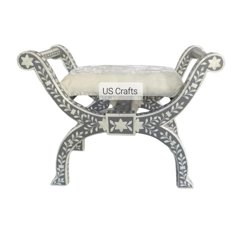 Bone Inlay floral Ottoman chair Grey, Bone inlay Roman Stool Grey, Bone inlay roman Chair Grey, Bone inlay furniture, Livingroom Furniture.