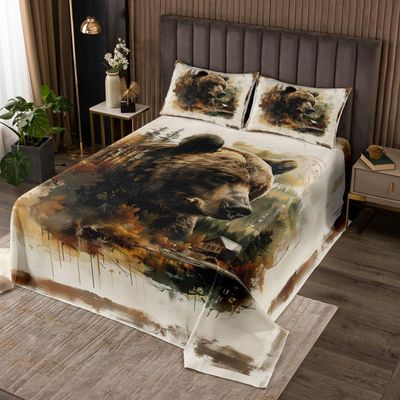 Wild Bear Kids Bedspread King Size,Tie-dye Graffiti Pine Trees Wooden Cabin Coverlet Set,Boys Girls Room Decor,Animal Hunting Adventure Rustic Quilted Coverlet,Beige Bedding Quilt,2 Pillowcases