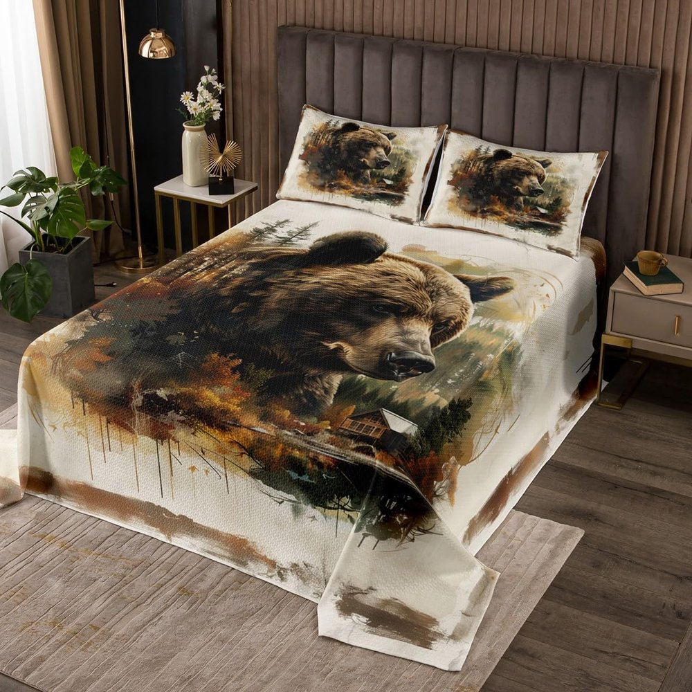 Wild Bear Kids Bedspread King Size,Tie-dye Graffiti Pine Trees Wooden Cabin Coverlet Set,Boys Girls Room Decor,Animal Hunting Adventure Rustic Quilted Coverlet,Beige Bedding Quilt,2 Pillowcases