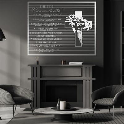 10 Commandments Metal Wall Art, Bible Metal Verses Wall Decor, Metal Motivational Wall Art, Christian Cross Wall Decor, Jesus Metal Wall Art, Living Room Bedroom Decor, Christian Gifts (39"x50"|100x127cm, Silver)