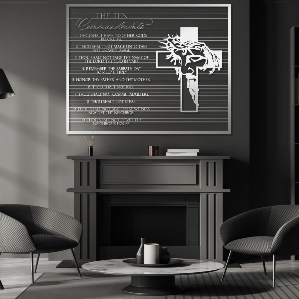 10 Commandments Metal Wall Art, Bible Metal Verses Wall Decor, Metal Motivational Wall Art, Christian Cross Wall Decor, Jesus Metal Wall Art, Living Room Bedroom Decor, Christian Gifts (39"x50"|100x127cm, Silver)