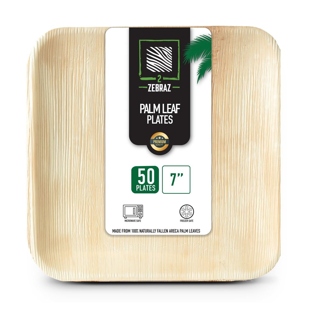 2 ZEBRAZ Premium 7 Palm Leaf Disposable Plates Set of 50, Heavy-Duty Appetizer Plates, Compostable & Microwave Safe, Natural Plastic Alternative for Parties & Desserts