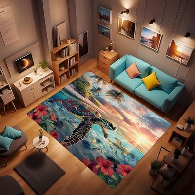 LUCKYLEI Coastal Modern Sea Turtle Rug, Blue Watercolor Print, Beach Theme Decorative Rug, Non-Slip Non-Shedding