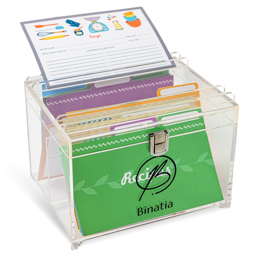 Binatia Clear Acrylic Recipe Box with 50 Double-Sided 4x6 cards  Kitchen Organizer with Dividers, Index Card Holder & Bonus Recipe Book, Dimensions: 7.08"x5.51"x5.31"