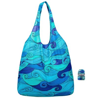 Nanobag Ultralight Foldable Tote for Women & Men, Reusable Grocery & Travel Bag, Packable Collapsible Compact Market Essential (Standard Blue Waves)
