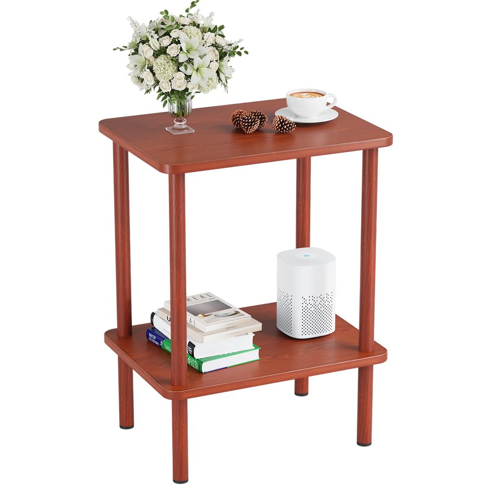 Apicizon 2 Tier End Table, Small Side Table with Solid Wood Legs, Boho Bedside Table with Storage Shelf, Nightstand for Small Spaces, Bedroom, Living Room, Entryway, Easy Assembly, Vintage Brown