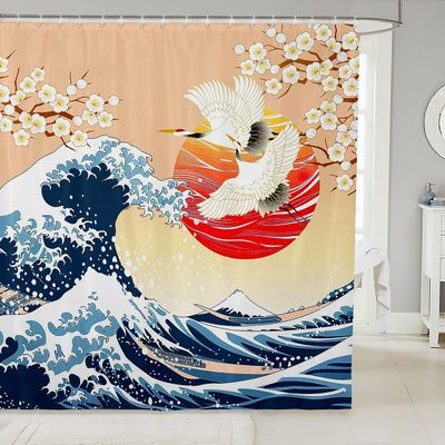 Feelyou Japanese Wave Shower Curtain 72"x72" Kids Cherry Blossoms Bathroom Shower Curtain Set for Boys Girls Teens Red Sun Hokusai Pattern Home Decor Bath Curtain Japanese Style Bathroom Accessories