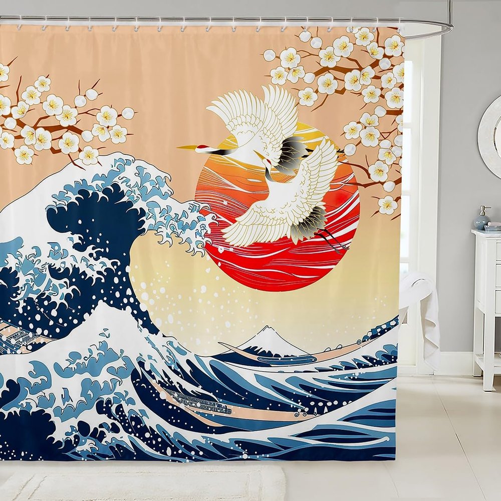 Feelyou Japanese Wave Shower Curtain 72"x72" Kids Cherry Blossoms Bathroom Shower Curtain Set for Boys Girls Teens Red Sun Hokusai Pattern Home Decor Bath Curtain Japanese Style Bathroom Accessories
