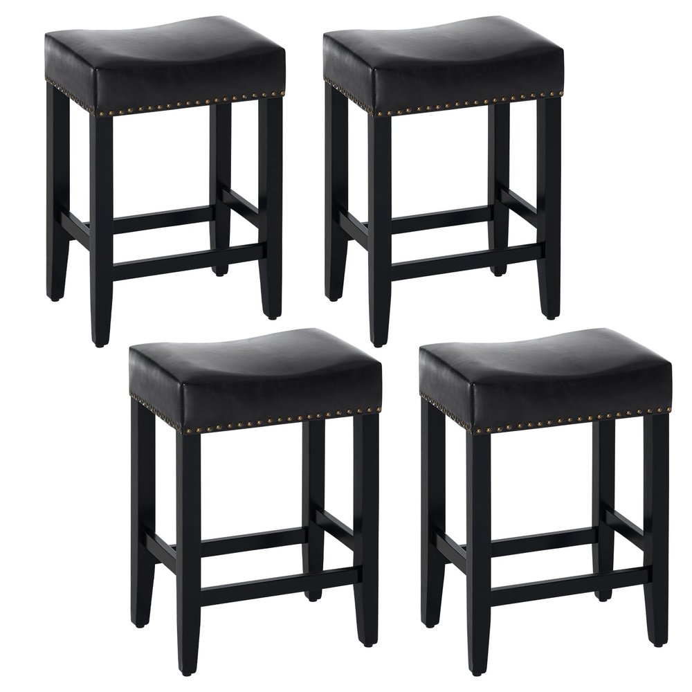 Furniliving Bar Stools Set of 4, 25.7 inch Counter Height Bar Stools,Upholstered Kitchen Barstools with Solid Wooden Legs, Saddle Stools for Kitchen Island, Bar, Cafe, Black