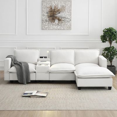 JURMALYN Modern 109" L-Shape Sectional Sofa, Beige Chenille, USB Charging, Cup Holder, Storage, Cloud Couch for Living Room, 4 Seater