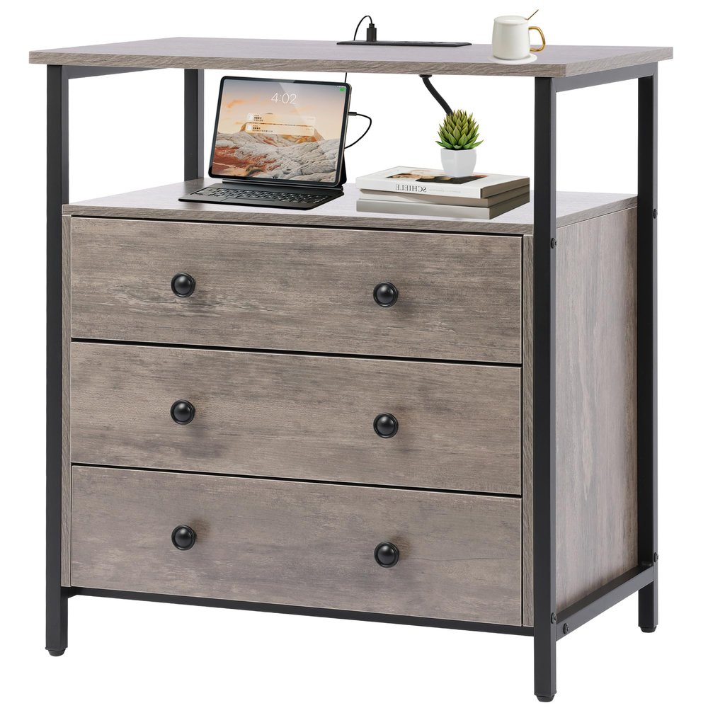 Edbuosy 3 Wooden Drawers Night Stand, 27 Inch Wide Nightstand with Charging Station and Adjustable Drawers, Small Dresser for Closet, Bedside Table for Living Room/Bedroom/Office, Gray.