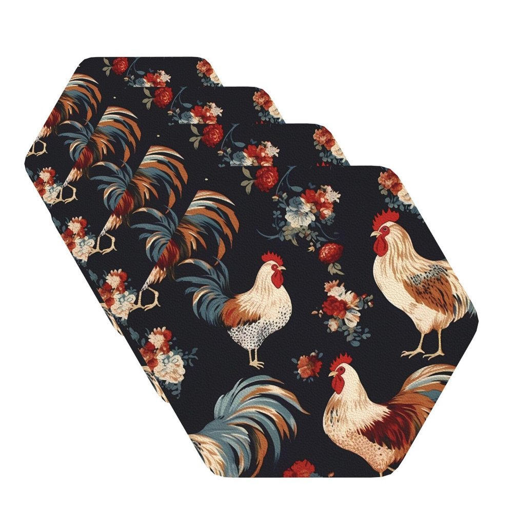 Coasters for Drink Leather Coasters Set of 4 French Roosters Coffee Cup Mat Hexagon Tabletop Protection Mat for Bar Decorate Cup pad for Coffee Table Kitchen Dining Room