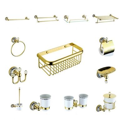 Beautiful in-Wall Brass Golden Bathroom Accessories Set Decorative Flower Ceramic Bathroom Sets Soap Holder Towel Shelf,1