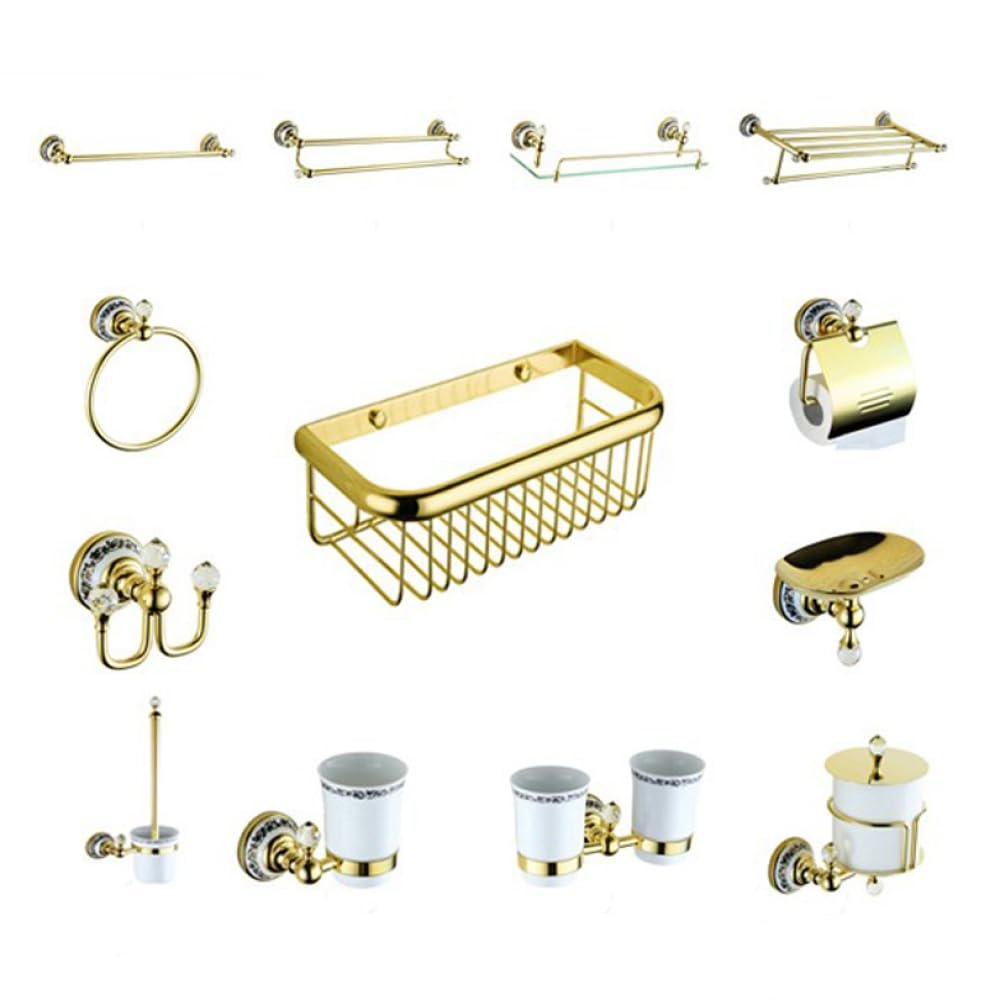 Beautiful in-Wall Brass Golden Bathroom Accessories Set Decorative Flower Ceramic Bathroom Sets Soap Holder Towel Shelf,1