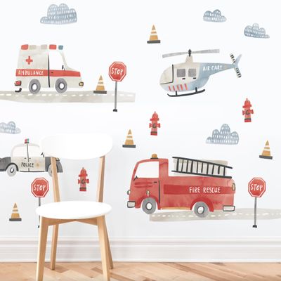 Transportation Firetruck Wall Decal for Kids Room - Pastel Emergency Vehicle Wall Stickers - Firefighter Vehicles Peel and Stick Wall Art Decals for Boys Bedroom Baby Nursery Wall Decals, Waterolor