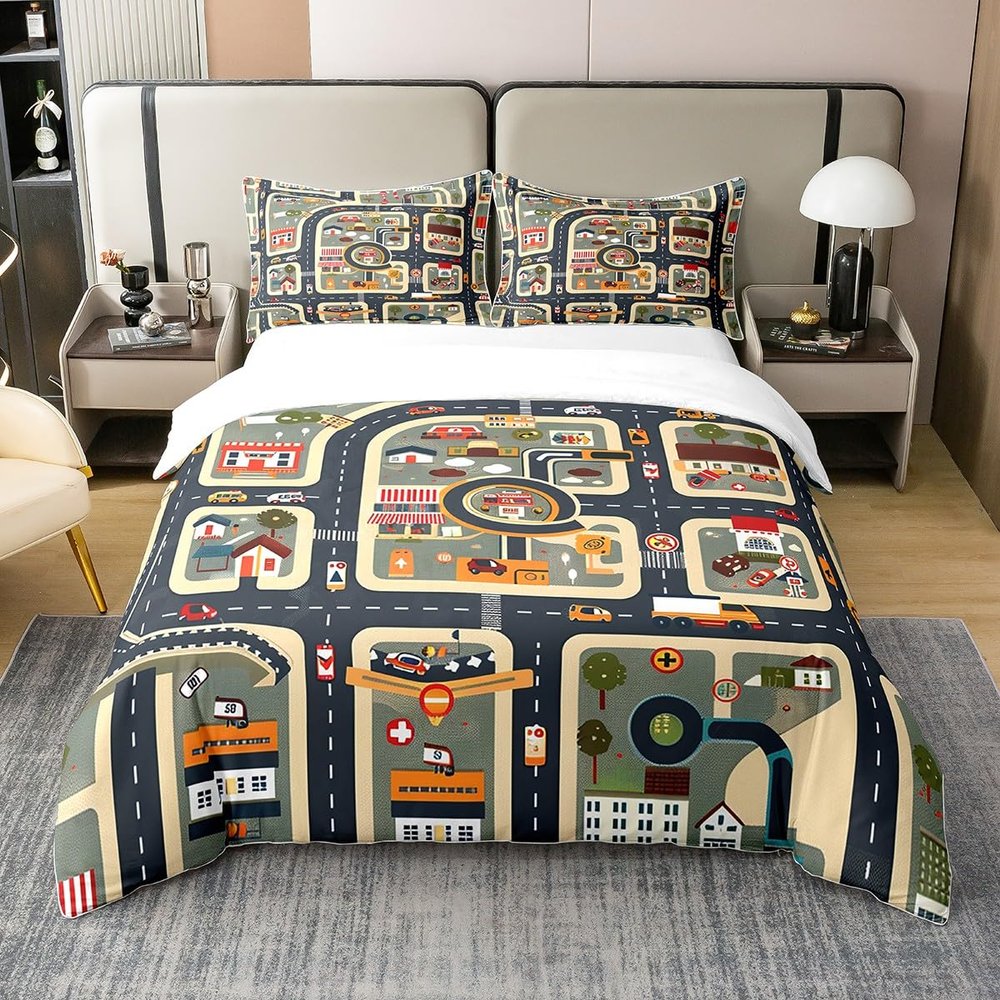 Cartoon City Map 100% Cotton Comforter Cover Full Vehicle Transport Duvet Cover for Kids Boys Girls Town House Building Quilt Cover Road Traffic Themed Bedding Set with 2 Pillowcases,No Comforter