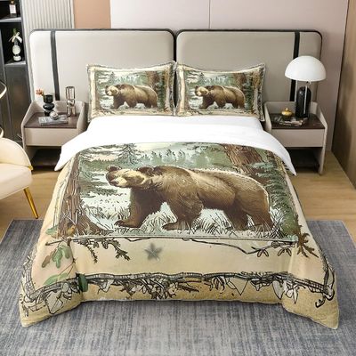 Castle Fairy Hunting Bear Duvet Cover Natural Jungle Trees Bedding Set for Kids Teens Room Decor Wild Animal Comforter Cover Rustic Farmhouse Quilt Cover Full Size,2 Pillowcases,No Comforter
