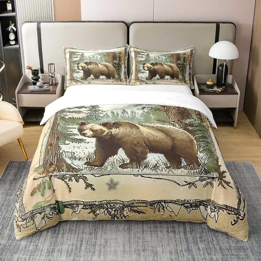 Castle Fairy Hunting Bear Duvet Cover Natural Jungle Trees Bedding Set for Kids Teens Room Decor Wild Animal Comforter Cover Rustic Farmhouse Quilt Cover Full Size,2 Pillowcases,No Comforter
