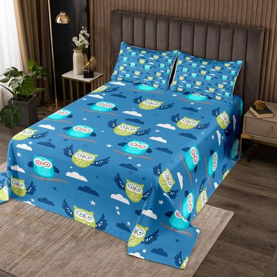Manfei Cartoon Owl Kids Bedspread Twin Size,Stars Cloud Cute Animals Toddler Coverlet Set,Girls Boys Women Room Decor,Owl Rustic Farmhouse Quilted Coverlet,Blue Lovely Bedding Quilt,1 Pillowcase