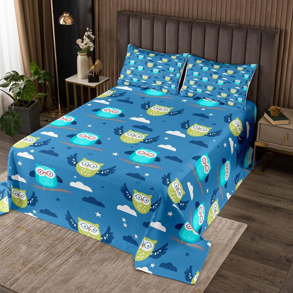 Manfei Cartoon Owl Kids Bedspread Twin Size,Stars Cloud Cute Animals Toddler Coverlet Set,Girls Boys Women Room Decor,Owl Rustic Farmhouse Quilted Coverlet,Blue Lovely Bedding Quilt,1 Pillowcase