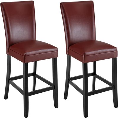 BAXMUY Set of 2 Counter Height Bar Stools, Wine Red Faux Leather with Back, Solid Wood Legs Bar Chairs, 25.6" Seat Ideal for Kitchen Island or Home Bar