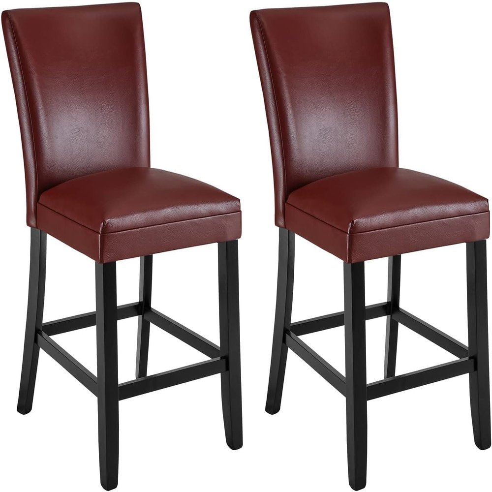 BAXMUY Set of 2 Counter Height Bar Stools, Wine Red Faux Leather with Back, Solid Wood Legs Bar Chairs, 25.6" Seat Ideal for Kitchen Island or Home Bar
