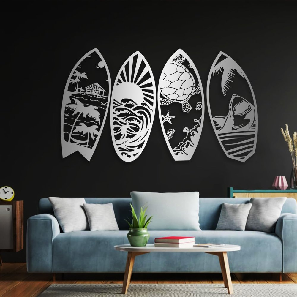 4 Pcs Surfboard Metal Wall Decor, Surf Board Decor for Wall, Metal Surfboard Wall Art, Tropical Wall Art, Beach Wall Art, Palm Tree Wall Art, Wall Art for Living Room (68"x41" | 172x105cm, Silver)