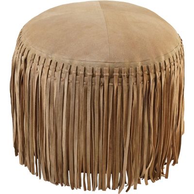 BLACK FOREST DECOR Cheyenne Fringed Leather Pouf - Khaki, Zipper Closure, 20" W x 20" D x 16" H