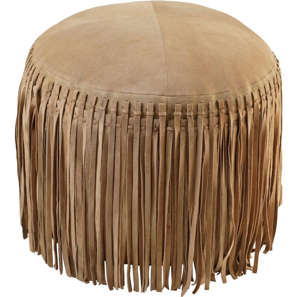 BLACK FOREST DECOR Cheyenne Fringed Leather Pouf - Khaki, Zipper Closure, 20" W x 20" D x 16" H
