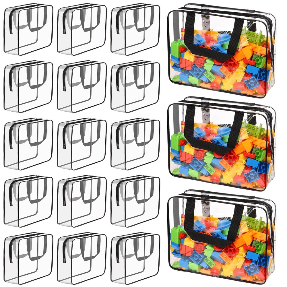 18 Packs Large Toy Storage Bags with Labels, Waterproof Clear Pvc Storage Bags for Toys, Travel Organizer Bags with Zipper Closure for Puzzles, Building Blocks, Kids' Books