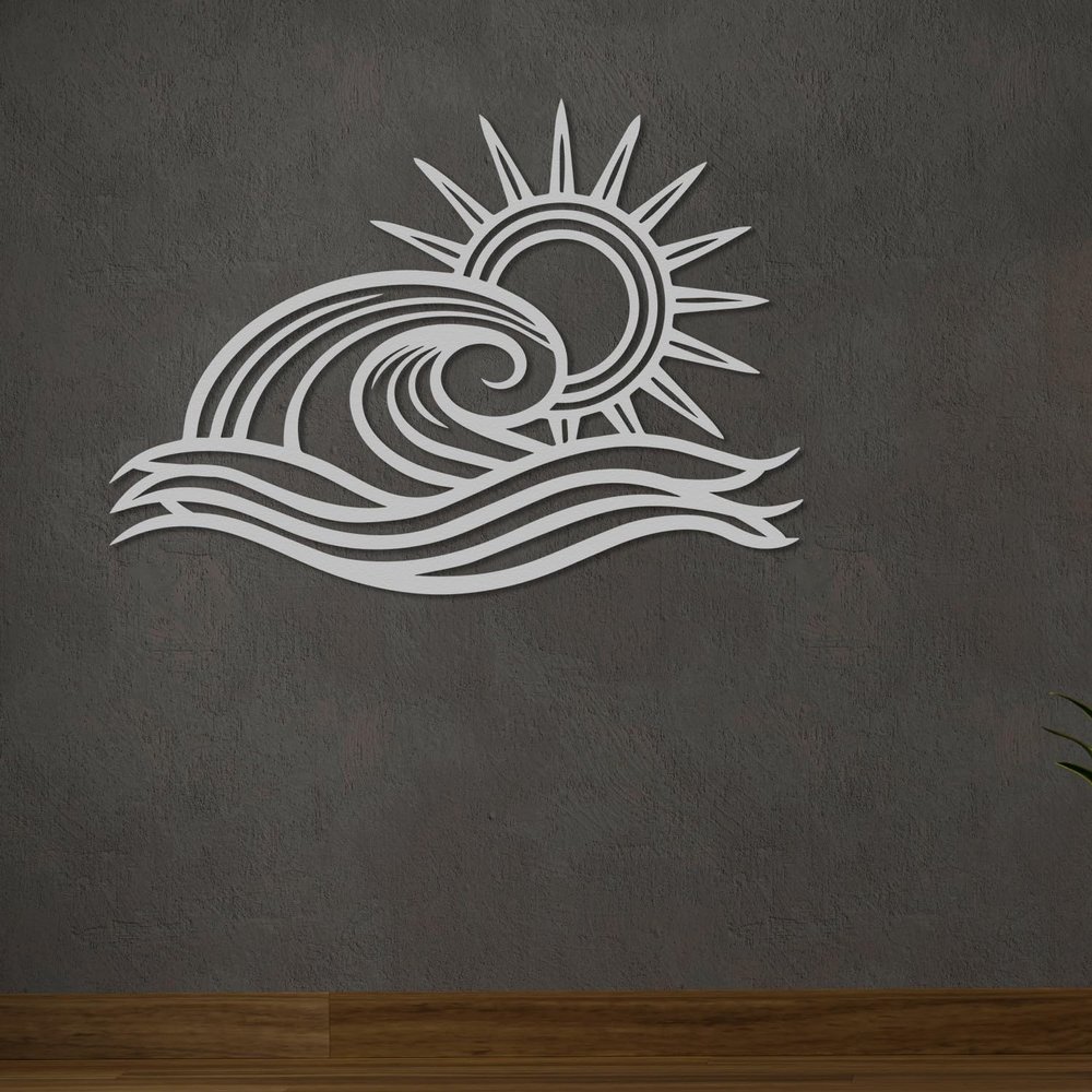 Wita Home Ocean Wave Metal Wall Art, Sun Beach Decor, Coastal Large Wall Sculpture for Home, Indoor/Outdoor Use, Nautical Wall Hanging, Eye-Catching Addition to Living Room (Silver, 18 x 11 inches)